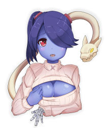 Rule 34 | 1girl, absurdres, blue skin, blush, breasts, colored skin, hair over one eye, highres, kogetsu azami, large breasts, leviathan (skullgirls), meme attire, open-chest sweater, red eyes, side ponytail, skullgirls, squigly (skullgirls), stitched mouth, stitches, sweater, zombie
