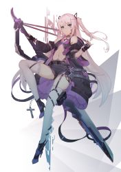 Rule 34 | 1girl, absurdres, bare shoulders, belt, black choker, black coat, black gloves, black shorts, blue eyes, breasts, choker, closed mouth, coat, detached sleeves, earrings, facial mark, fingerless gloves, full body, garter straps, gloves, greatsword, high heels, highleg, highres, holding, holding sword, holding weapon, hood, hood down, huge filesize, huge weapon, jewelry, jinjide shaonian, long hair, long sleeves, looking at viewer, midriff, navel, necklace, no bra, open clothes, open coat, original, short shorts, shorts, small breasts, solo, stomach, sword, thighhighs, thighs, two side up, very long hair, weapon, white hair, white thighhighs