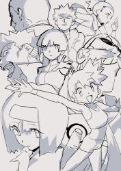 4boys 4girls :d asymmetrical_hair blaine_(pokemon) blunt_bangs breasts brock_(pokemon) closed_mouth creatures_(company) crop_top erika_(pokemon) eyelashes facial_hair game_freak giovanni_(pokemon) gym_leader hairband headband janine_(pokemon) long_hair looking_at_viewer misty_(pokemon) monochrome multiple_boys multiple_girls nintendo open_mouth outstretched_arms pokemon pokemon_ pokemon_frlg pokemon_hgss ponytail sabrina_(pokemon) scarf short_hair side_ponytail simple_background sleeveless smile spiked_hair spread_arms sunglasses surge_(pokemon) swimsuit tank_top white_background wristband