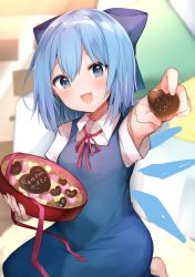 Rule 34 | 1girl, :d, armpit peek, barefoot, blue bow, blue dress, blue eyes, blue hair, blush, bow, box, candy, chocolate, chocolate heart, cirno, collared shirt, dress, food, hair bow, heart, heart-shaped box, highres, ice, ice wings, incoming food, indoors, karasusou nano, kneeling, neck ribbon, open mouth, pinafore dress, pov, puffy short sleeves, puffy sleeves, red ribbon, ribbon, shirt, short hair, short sleeves, sleeveless dress, smile, solo, teeth, touhou, upper teeth only, valentine, white shirt, wing collar, wings