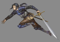 Rule 34 | 1boy, armor, blue armor, blue eyes, blue hair, breastplate, brown footwear, closed mouth, dark blue hair, greaves, grey background, holding, holding sword, holding weapon, long hair, male focus, pauldrons, ponytail, scabbard, sheath, sheathed, shoulder armor, simple background, solo, sword, valkyrie profile (series), vambraces, vusc, weapon