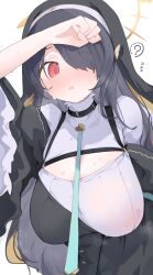 Rule 34 | 1girl, ?, black choker, black hair, blue archive, blush, breasts, choker, coif, covered erect nipples, flying sweatdrops, habit, hair over one eye, halo, highres, hinata (blue archive), large breasts, long hair, looking at viewer, mikozin, nun, open mouth, red eyes, simple background, solo, spoken question mark, upper body, white background, wide sleeves, yellow halo