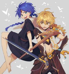 Rule 34 | 0120 lot, 2boys, aether (genshin impact), ahoge, aladdin (magi), arm armor, armor, artist name, barefoot, belt, black dress, blonde hair, blue eyes, blue hair, blush, braid, brown belt, brown gloves, brown pants, brown shirt, crossover, dress, earrings, forehead jewel, gem, genshin impact, gloves, gold trim, grey background, hair between eyes, highres, holding, holding sword, holding weapon, jewelry, leg up, long hair, looking at another, looking at viewer, magi the labyrinth of magic, male focus, multiple boys, navel, open mouth, orange eyes, pants, red gemstone, scarf, shirt, short sleeves, shoulder armor, simple background, single earring, smile, standing, standing on one leg, star (symbol), sword, teeth, tongue, twin braids, v-shaped eyebrows, weapon, white scarf