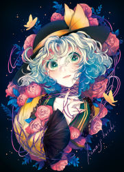 Rule 34 | 1girl, aqua eyes, aqua hair, black hat, bug, butterfly, character name, colored eyelashes, curly hair, flower, frills, green eyes, hat, hat ribbon, highres, insect, komeiji koishi, kyachi, light smile, looking at viewer, pink flower, pink rose, ribbon, rose, short hair, silver hair, solo, string, touhou, upper body, wide-eyed, wide sleeves, yellow ribbon