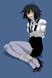 Rule 34 | 1girl, anklet, arms behind back, bdsm, black hair, bondage, bound, bound ankles, breasts, brown eyes, formal, gag, gagged, high heels, improvised gag, jewelry, leggings, long hair, looking at viewer, lost one zero, melfina (outlaw star), necktie, outlaw star, shoes, sitting, skirt, suit, tape, tape bondage, tape gag