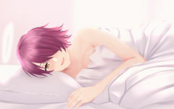 Rule 34 | 1girl, :d, arknights, bed, blanket, blush, brown eyes, chinese commentary, commentary request, exusiai (arknights), hair over one eye, halo, highres, indoors, looking at viewer, lying, nestea, nude, on bed, on side, open mouth, pillow, pov across bed, red hair, short hair, smile, solo, under covers