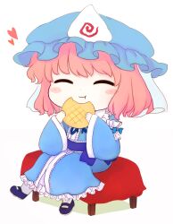 Rule 34 | 1girl, belt, blue bow, blue bowtie, blue footwear, blue hat, blue kimono, blush, bow, bowtie, chair, chibi, closed eyes, closed mouth, commentary request, cookie, eating, food, frills, grey socks, hands up, hat, heart, holding, holding food, japanese clothes, juliet sleeves, kimono, leg up, long sleeves, mob cap, pink hair, puffy sleeves, purple belt, purple bow, rei (tonbo0430), saigyouji yuyuko, shadow, shoes, short hair, simple background, sitting, smile, socks, solo, touhou, triangular headpiece, veil, white background, wide sleeves, wing collar