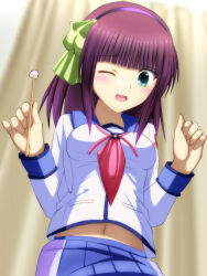 1girl angel_beats! aqua_eyes bad_source blue_skirt blurry blurry_background breasts green_ribbon hair_ribbon hairband highres holding lelie_(lelie_link) light_blush long_sleeves medium_breasts medium_hair midriff_peek mimikaki nakamura_yuri navel neck_ribbon open_mouth pleated_skirt purple_hair purple_hairband red_ribbon ribbon shinda_sekai_sensen_uniform shirt skirt solo upper_body w_arms white_shirt wince