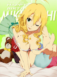 Rule 34 | 1girl, :p, ahoge, blonde hair, breasts, character name, cleavage, dated, green background, green eyes, happy birthday, highres, hoshii miki, idolmaster, idolmaster (classic), jewelry, large breasts, long hair, looking at viewer, one eye closed, pendant, pillow, shotarou, solo, star (symbol), stuffed animal, stuffed toy, teddy bear, tongue, tongue out, wink