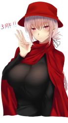 Rule 34 | alternate costume, black ribbon, black sweater, blush, braid, breasts, cape, fate/grand order, fate (series), florence nightingale (fate), florence nightingale (traveling outfit) (fate), hair between eyes, hair ribbon, highres, large breasts, onineko-chan, pink eyes, pink hair, red cape, ribbon, simple background, single braid, smile, solo, sweater, w, white background