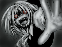 Rule 34 | 1girl, crazy, creepy, embodiment of scarlet devil, foreshortening, highres, horror (theme), ledjoker07, monochrome, monster, pov, reaching, reaching towards viewer, red eyes, rumia, saliva, sharp teeth, solo, spot color, teeth, touhou