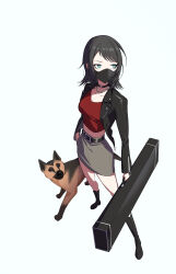 Rule 34 | 1girl, absurdres, bang dream!, bang dream! it&#039;s mygo!!!!!, belt, black choker, black footwear, black hair, black jacket, black mask, blue eyes, boots, breasts, chain necklace, choker, cleavage, commentary request, dated commentary, dog, full body, grey skirt, highres, holding case, instrument case, jacket, jewelry, knee boots, large breasts, long hair, mask, midriff, mouth mask, navel, necklace, open clothes, open jacket, red shirt, shirt, simple background, skirt, solo, white background, yahata umiri, yzj21333