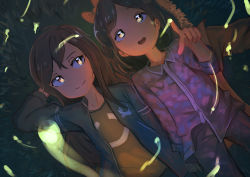 Rule 34 | 2girls, arm behind head, bow, brown eyes, brown hair, commentary, dark, dutch angle, eye reflection, grass, hair bow, holding hands, inami hatoko, light particles, long hair, looking at another, looking to the side, looking up, lying, multiple girls, night, on back, open mouth, original, outdoors, pajamas, pointing, pointing up, reflection, short hair, sleepwear, smile