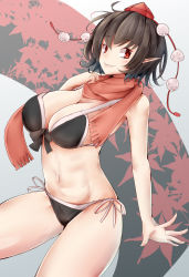 1girl bikini black_background black_bikini black_hair bow bow_bikini breasts cleavage commentary_request cowboy_shot grey_background hat highres jyaoh0731 large_breasts leaf light_smile looking_at_viewer maple_leaf multicolored_background navel pointy_ears pom_pom_(clothes) red_background red_eyes red_hat red_scarf scarf shameimaru_aya short_hair side-tie_bikini_bottom solo swimsuit thick_thighs thighs tokin_hat touhou veins veiny_breasts