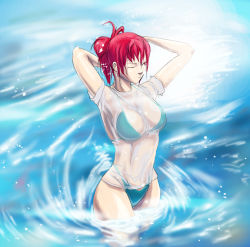 Rule 34 | 1girl, adjusting hair, aqua bikini, bikini, breasts, green bikini, highleg, highleg bikini, highleg swimsuit, large breasts, original, red eyes, red hair, see-through, shirt, short ponytail, solidcow, solo, swimsuit, water, wet, wet clothes, wet shirt