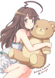 Rule 34 | 10s, 1girl, ahoge, alternate costume, brown eyes, brown hair, camisole, emia wang, huge ahoge, kantai collection, kuma (kancolle), long hair, name connection, puffy shorts, pun, shorts, simple background, sleepwear, stuffed animal, stuffed toy, teddy bear, twitter username, white background