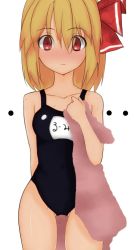 Rule 34 | ..., 1girl, bad id, bad pixiv id, blonde hair, blush, bow, denpaken pochi, female focus, hair bow, hip focus, looking at viewer, one-piece swimsuit, pochi (potihouse), red eyes, rumia, school swimsuit, solo, swimsuit, touhou, towel, white background, wide hips