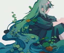 Rule 34 | 1girl, absurdly long hair, closed mouth, dress, feet out of frame, from side, green dress, green eyes, green hair, ka (marukogedago), long dress, long hair, original, simple background, sitting, solo, very long hair, white background