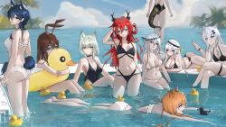 Rule 34 | 6+girls, absurdres, amiya (arknights), animal ears, arknights, ass, bikini, black bikini, black collar, black hair, black one-piece swimsuit, blue eyes, blue sky, breasts, brown hair, cat ears, cat girl, ceobe (arknights), cleavage, collar, crossed legs, dated, demon girl, demon horns, dog ears, dog girl, duck innertube, eunectes (arknights), extra ears, fang, fang out, floating, green eyes, green hair, grey hair, hair between eyes, hair down, hair ornament, hairclip, head rest, headgear, highres, horns, hugging object, kal&#039;tsit (arknights), lappland (arknights), large breasts, long hair, looking at viewer, looking back, lying, multiple girls, navel, no tail, on stomach, one-piece swimsuit, outdoors, palm tree, puppy (user kfpt4478), rabbit ears, rabbit girl, red eyes, red hair, ripples, rubber duck, scar, scar across eye, short hair, signature, sitting, skadi (arknights), skadi the corrupting heart (arknights), sky, small breasts, snake tail, soaking feet, specter (arknights), specter the unchained (arknights), stomach, surtr (arknights), swimsuit, tail, texas (arknights), tree, wading, water, wet, white bikini, white hair, wolf ears, wolf girl, yellow eyes