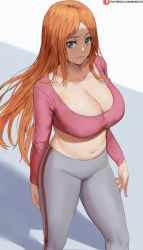 Rule 34 | 1girl, bleach, breasts, cleavage, closed mouth, covered erect nipples, crop top, from above, grey eyes, grey pants, highres, inoue orihime, large breasts, long hair, navel, orange hair, pants, parted bangs, patreon logo, patreon username, pink shirt, shexyo, shirt, solo, standing, tagme