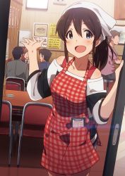 Rule 34 | 10s, 1girl, 4boys, :d, apron, ashtray, blue eyes, blush, bra strap, brown hair, chair, clipboard, collarbone, cowboy shot, faceless, faceless male, h@ll, hair between eyes, head scarf, idolmaster, idolmaster million live!, indoors, looking at viewer, multiple boys, off-shoulder shirt, off shoulder, open mouth, plaid, plaid apron, ponytail, restaurant, satake minako, shirt, smile, solo focus, stool, striped clothes, striped shirt, table, waitress
