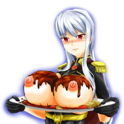 Rule 34 | 00s, 1girl, blush, breast rest, breasts, breasts on tray, carried breast rest, carrying, chocolate, female focus, gloves, gradient background, huge breasts, long hair, messy, military, military uniform, nipples, r2-d2 (artist), red eyes, selvaria bles, senjou no valkyria, senjou no valkyria (series), senjou no valkyria 1, silver hair, solo, tray, uniform, upper body, white background