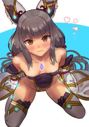 Rule 34 | 1girl, :3, animal ears, bare shoulders, breasts, brown eyes, cat ears, cleavage, core crystal (xenoblade), detached sleeves, from above, grey hair, heart, highres, kneeling, leotard, long hair, looking at viewer, low twintails, nia (blade) (xenoblade), nia (xenoblade), r123, small breasts, solo, thighhighs, twintails, very long hair, xenoblade chronicles (series), xenoblade chronicles 2