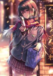 Rule 34 | 1girl, absurdres, bag, blazer, blurry, blurry background, blush, box, breasts, buttons, closed mouth, cowboy shot, enpera, fingernails, gift, gift box, hanikami kanojo, highres, holding, holding gift, jacket, lips, long hair, long sleeves, looking at viewer, medium breasts, outdoors, piromizu, plaid, plaid scarf, plaid skirt, pleated skirt, red scarf, scan, scarf, school bag, school uniform, skirt, snowing, solo, steam, winter clothes