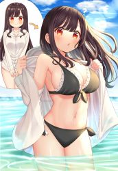 Rule 34 | 1girl, ?, armpits, arrow (symbol), bare shoulders, bikini, black bikini, black hair, breasts, cleavage, cloud, frilled bikini, frills, front-tie bikini top, front-tie top, highres, hood, hooded jacket, jacket, large breasts, lens flare, long hair, long sleeves, looking at viewer, mizukoshi (marumi), navel, ocean, open clothes, open jacket, original, outdoors, parted lips, red eyes, side-tie bikini bottom, sidelocks, sky, smile, solo, standing, stomach, sunlight, swimsuit, thighs, undressing, wading, water, white jacket