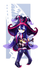 Rule 34 | 1boy, 3girls, anocco, blue hair, blue skin, boots, chibi, colored skin, ears through headwear, hat, league of legends, long hair, lulu (league of legends), multiple girls, poppy (league of legends), smile, teemo, thigh boots, thighhighs, tristana, wicked lulu, witch hat, yellow eyes, yordle