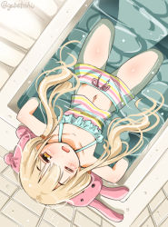 Rule 34 | 1girl, bare legs, bare shoulders, bathtub, blonde hair, futaba anzu, highres, idolmaster, idolmaster cinderella girls, low twintails, navel, one eye closed, open mouth, partially submerged, sogabe toshinori, solo, swimsuit, twintails, water, yellow eyes