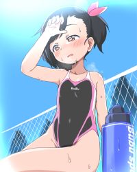 Rule 34 | 1girl, arm up, bare arms, bare shoulders, black hair, black one-piece swimsuit, blue sky, blush, bottle, brown eyes, bubukka, chain-link fence, cloud, collarbone, competition swimsuit, day, fence, groin, hair ribbon, hand up, heart, heart-shaped pupils, hot, one-piece swimsuit, original, outdoors, parted lips, pink ribbon, ribbon, short hair, side ponytail, sky, solo, sweat, swimsuit, symbol-shaped pupils, tachibana momoka (bubukka), wiping sweat