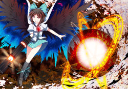 Rule 34 | 1girl, alternate weapon, arm cannon, black wings, bow, brown eyes, brown hair, cape, concrete, energy ball, female focus, glowing, glowing weapon, hair bow, reiuji utsuho, shirt, skirt, slit pupils, smile, solo, space, third eye, touhou, tri, weapon, wings