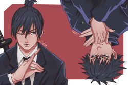 Rule 34 | 2boys, black hair, black jacket, black neckwear, black suit, blue eyes, chainsaw man, closed mouth, collared shirt, crossover, dress shirt, ear piercing, formal, fox shadow puppet, fushiguro megumi, gakuran, hair between eyes, hand up, hands up, hayakawa aki, high ponytail, highres, jacket, jettzz, jujutsu kaisen, katana, long sleeves, looking at another, male focus, multiple boys, necktie, one eye closed, open mouth, piercing, red background, school uniform, shadow puppet, sheath, sheathed, shirt, short hair, short ponytail, sideways glance, signature, spiked hair, suit, sword, tsurime, two-tone background, upper body, upside-down, weapon, weapon on back, white background, white shirt