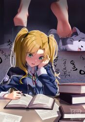 Rule 34 | 1girl, absurdres, artist logo, barefoot, blonde hair, blue jacket, book, breasts, collared shirt, commission, dated, eyelashes, feet, feet only, foot focus, green eyes, hand up, head rest, highres, jacket, long sleeves, lower teeth only, medium breasts, multiple views, neck ribbon, open book, open mouth, original, parted bangs, pen, pixiv commission, red ribbon, ribbon, school uniform, shirt, soles, suryua, teeth, toes, twintails, upper body