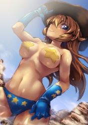 Rule 34 | 1girl, bare shoulders, belly, blue eyes, blue gloves, blue panties, breasts, canyon, charlotte e. yeager, collarbone, cowboy hat, gloves, hat, long hair, looking at viewer, medium breasts, mo-ai, navel, orange hair, panties, pasties, smile, star (symbol), star pasties, strike witches, topless, underwear, world witches series