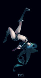 Rule 34 | 10s, 1girl, bikini, bikini top only, black bikini, black bra, black footwear, black hair, black rock shooter, black rock shooter (character), blue eyes, boots, bra, full body, gebijiade 89, highres, hilt, huke, knee boots, looking at viewer, midriff, shorts, simple background, solo, swimsuit, twintails, underwear