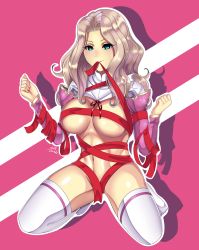 Rule 34 | 1girl, abs, blonde hair, bottomless, breasts, covering privates, covering crotch, elizabeth mably, freezing (series), green eyes, highres, kneeling, large breasts, long sleeves, naked ribbon, navel, open clothes, open shirt, ribbon, school uniform, sir jangos, smile, solo, spread legs, thighhighs