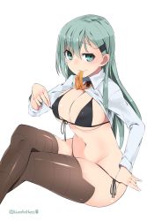 Rule 34 | 10s, 1girl, bad id, bad pixiv id, bikini, black bikini, blush, breasts, brown thighhighs, cleavage, covered erect nipples, crossed legs, front-tie top, green eyes, green hair, hair ornament, hairclip, highres, kantai collection, kuro chairo no neko, large breasts, long hair, looking at viewer, matching hair/eyes, mouth hold, navel, school uniform, side-tie bikini bottom, simple background, sitting, smile, solo, suzuya (kancolle), swimsuit, thighhighs, undressing, white background