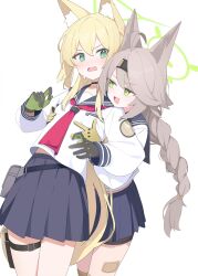 Rule 34 | 2girls, absurdres, ahoge, animal ear fluff, animal ears, black hairband, black sailor collar, black skirt, blonde hair, blue archive, braid, breast pocket, fox ears, gloves, green eyes, green gloves, grey gloves, grey hair, hair between eyes, hairband, halo, highres, hukahire0120, kurumi (blue archive), long hair, long sleeves, looking at another, multiple girls, neckerchief, open mouth, otogi (blue archive), pleated skirt, pocket, red neckerchief, sailor collar, shirt, simple background, skirt, standing, thigh strap, two-tone gloves, white background, white shirt, yellow gloves