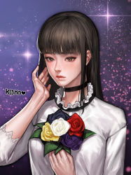 Rule 34 | 1girl, absurdres, artist name, bad id, bad pixiv id, black choker, blunt bangs, breasts, brown eyes, brown hair, choker, closed mouth, collar, commentary request, commission, eyelashes, female focus, flower, frilled collar, frills, hand up, heart, highres, holding, holding flower, kidmo, korean commentary, leaf, lips, long hair, looking away, medium breasts, nose, original, purple flower, purple rose, red flower, red rose, rose, shirt, short sleeves, sidelocks, sky, solo, space, star (sky), starry sky, straight hair, upper body, white flower, white rose, yellow flower, yellow rose