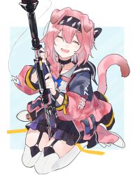 Rule 34 | 1girl, ^ ^, absurdres, animal ears, arknights, black skirt, blush, braid, choker, closed eyes, ears down, facing viewer, garter straps, goldenglow (arknights), hair ornament, hairclip, headband, highres, holding, holding staff, jacket, long hair, long sleeves, open clothes, open jacket, open mouth, pink footwear, pink hair, pink jacket, shoes, single braid, sitting, skirt, smile, solo, staff, tail, thighhighs, wariza, white thighhighs, yakota (usuk-yako)