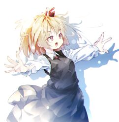 Rule 34 | 1girl, black skirt, black vest, blonde hair, collared shirt, fingernails, gorilla (bun0615), hair ribbon, highres, long sleeves, open mouth, outstretched arms, red eyes, red ribbon, ribbon, rumia, shirt, short hair, simple background, skirt, solo, spread arms, touhou, vest, white background, white shirt