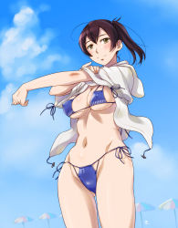 Rule 34 | 10s, 1girl, beach umbrella, bikini, blue bikini, blush, breasts, brown hair, closed mouth, cloud, cowboy shot, day, covered erect nipples, gluteal fold, groin, hair between eyes, head tilt, hood, hooded jacket, jacket, kaga (kancolle), kantai collection, looking at viewer, medium breasts, navel, open clothes, open jacket, outdoors, outstretched arm, sameha ikuya, side-tie bikini bottom, side ponytail, sky, smile, solo, swimsuit, umbrella, yellow eyes