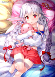 Rule 34 | 1girl, bare shoulders, barefoot, bed sheet, blush, braid, breasts, character request, collarbone, commentary request, feet out of frame, fujima takuya, grey hair, has bad revision, has cropped revision, isekai ni tobasaretara papa ni nattandaga, knee up, long hair, long sleeves, low twintails, lying, navel, hugging object, off-shoulder shirt, off shoulder, on back, parted lips, pillow, puffy long sleeves, puffy sleeves, red eyes, red shorts, shirt, short shorts, shorts, sleeves past wrists, small breasts, solo, stuffed animal, stuffed rabbit, stuffed toy, tiara, twin braids, twintails, twitter username, very long hair, white shirt