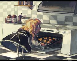 Rule 34 | 1girl, apron, blonde hair, bottle, braid, capelet, commentary, cookie, food, hat, heart, kirisame marisa, koto inari, letterboxed, oven, oven mitts, poison, short hair, side braid, single braid, smile, star (symbol), touhou, waist apron, witch hat