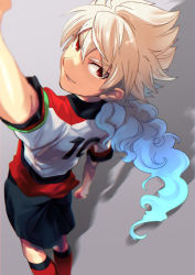 Rule 34 | 10s, 1boy, armband, blue hair, from behind, hakuryuu (inazuma eleven), inazuma eleven (series), inazuma eleven go, inazuma eleven go galaxy, long hair, looking back, male focus, multicolored hair, ponytail, red eyes, resistance japan, soccer uniform, solo, sportswear, standing, two-tone hair, yanyo (ogino atsuki)