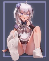 Rule 34 | 1girl, absurdres, ahoge, azuma seren, bad id, bad pixiv id, blanche fleur, blue eyes, blue flower, blush, breasts, chinese commentary, commentary request, cross, cross earrings, crossed bangs, earrings, feet, finger to mouth, fingerless gloves, flower, foot focus, foreshortening, gloves, grey hair, hair flower, hair ornament, hair ribbon, highres, jewelry, legs, looking at viewer, miniskirt, no shoes, open mouth, panties, pantyshot, ribbon, shadow, shiny skin, short sleeves, sidelocks, skirt, small breasts, soles, tabi, taichi suzuki, thighs, toes, two side up, underwear, virtual youtuber, white panties