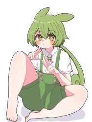 Rule 34 | 1girl, animal ears, barefoot, black outline, closed mouth, green hair, green shorts, green suspenders, hair between eyes, highres, light blush, long hair, looking at viewer, low ponytail, outline, poroporosaburo, puffy short sleeves, puffy sleeves, shirt, short sleeves, shorts, simple background, sitting, solo, suspender shorts, suspenders, voicevox, white background, white shirt, yellow eyes, zundamon