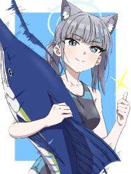 Rule 34 | 1girl, animal, animal ear fluff, animal ears, blue archive, blue eyes, brilliantko, closed mouth, collarbone, competition swimsuit, extra ears, fish, flailing, halo, highres, holding, holding animal, looking at viewer, marlin (fish), motion lines, official alternate costume, one-piece swimsuit, shiroko (blue archive), shiroko (swimsuit) (blue archive), simple background, smile, solo, sparkle, swimsuit, thumbs up, wolf ears, wolf girl
